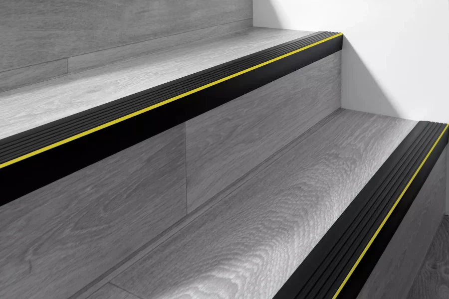 40mm x 40mm Black PVC Stair Edge Profile with Yellow Warning Strip β Non-Slip Rubber Stair Nosing β 1.18m Length