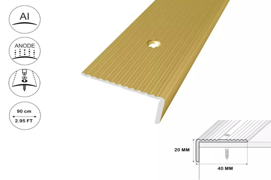 Aluminium Stair Nosing with Wide Grooved Anti-Slip Design β 40mm x 20mm β 900mm Length β Silver, Gold & Champagne Finish