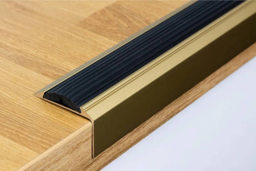 Anodised Aluminium Stair Edge Protector with Anti-Slip Rubber Insert – 46mm x 30mm – Available in 1.2m and 2.4m Lengths – Silver, Titanium & Gold Finish