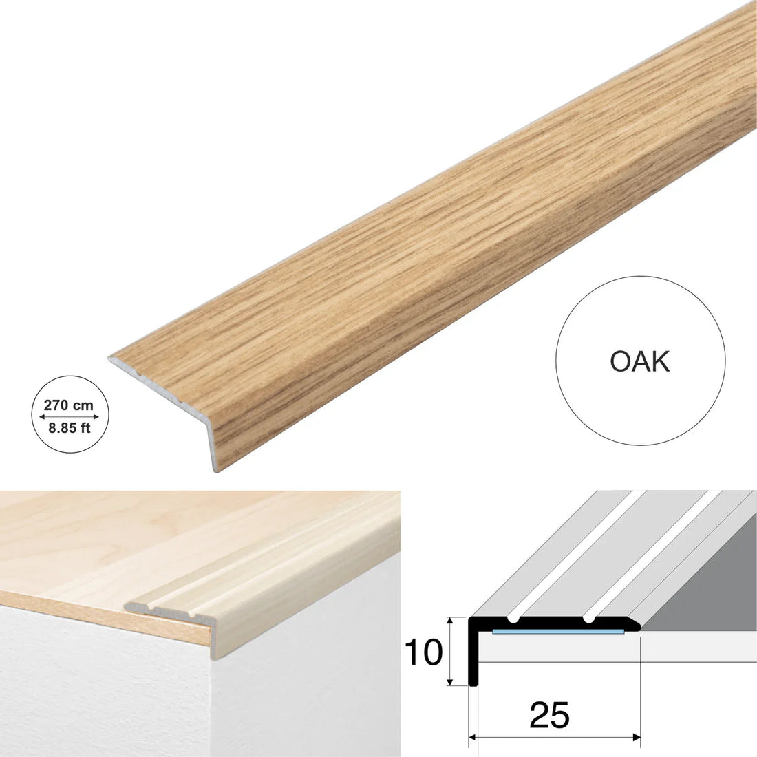 Wood Effect Aluminium Stair Nosing 25 x 10mm – 2.7m Self Adhesive Retrofit Design