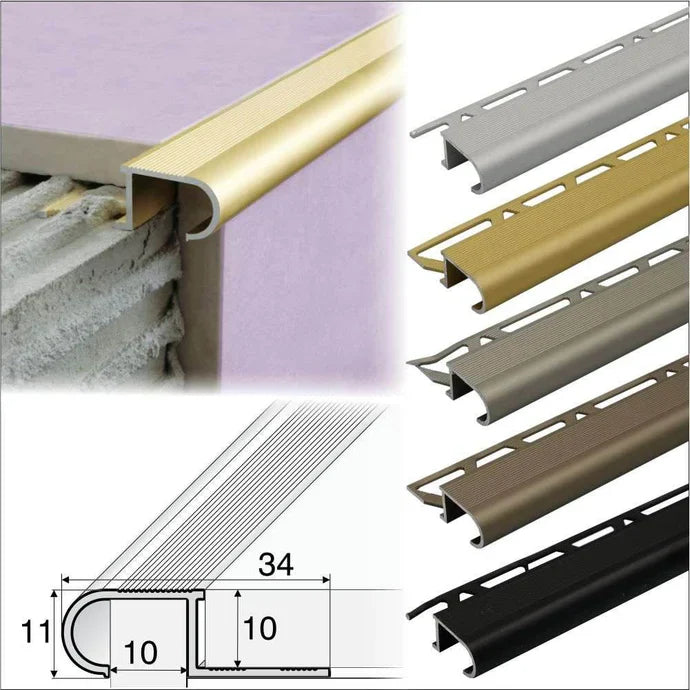 Grooved Tile-In Stair Nosing 34 x 11mm – Aluminium Edge Trim for 10mm Tiles, 2.5m Length
