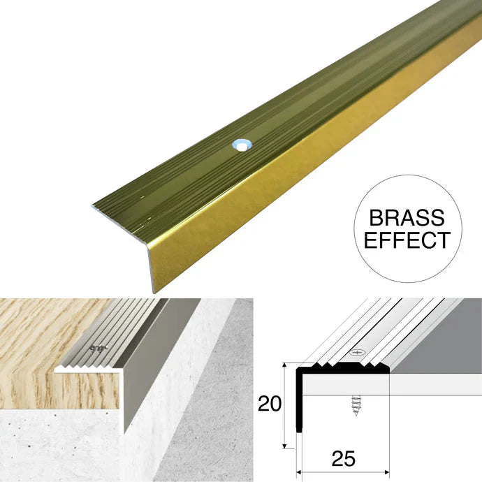 25 x 20mm Anodised Aluminium Stair Nosing Profile - Brass Effect or Bright Silver Finish