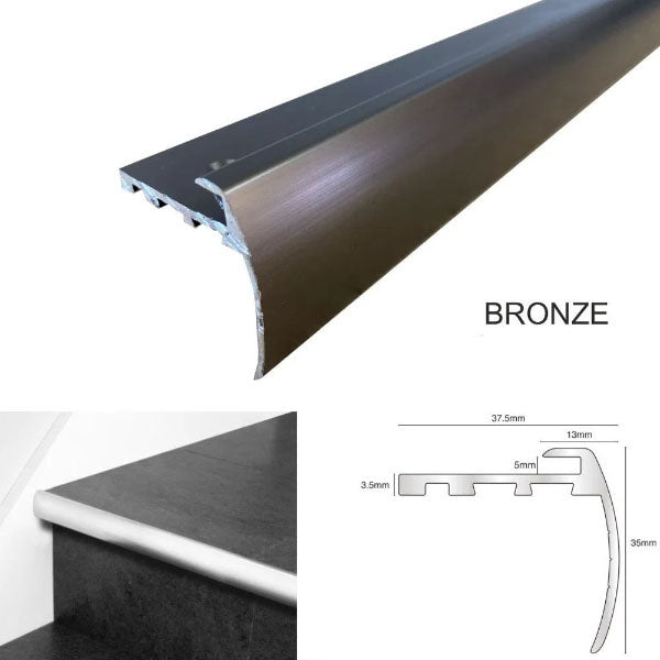 37.5 x 35mm Aluminium Bullnose Stair Edge Trim – Anodised Profile for 5mm LVT Flooring