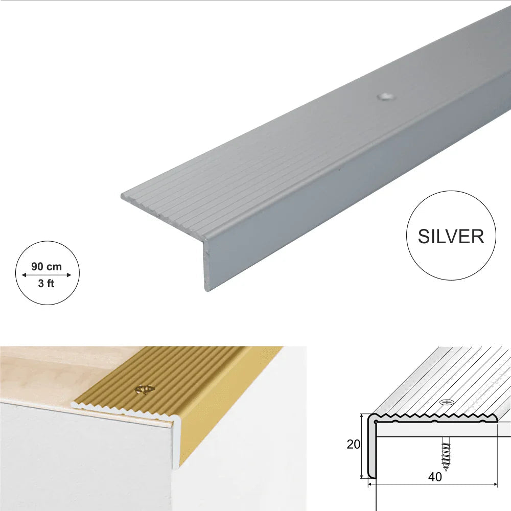 40 × 20mm Anodised Aluminium Stair Nosing with Ribbed Non-Slip Tread