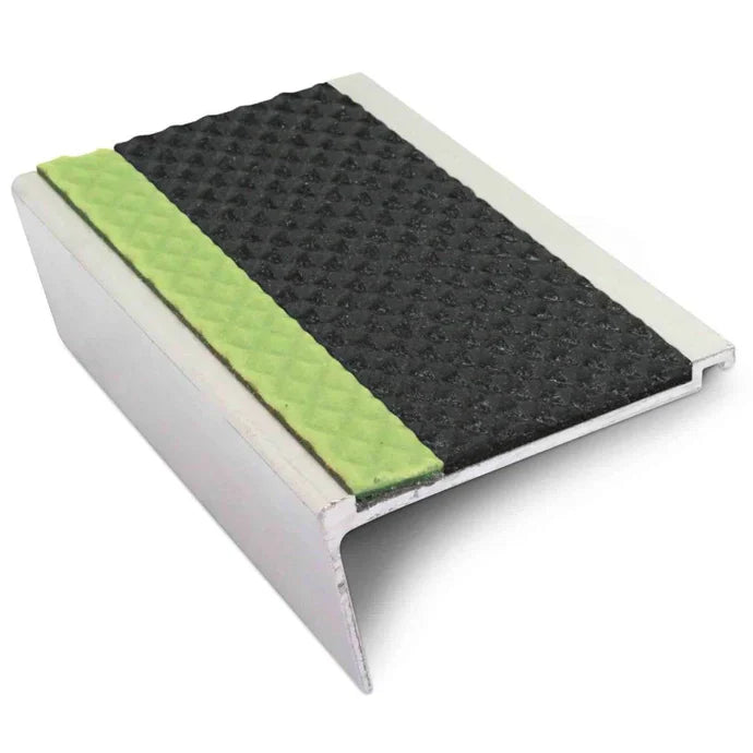 63 x 32mm Tredsafe Aluminium Stair Nosing – Rakeback Profile with Anti-Slip Grip and Glow Strip
