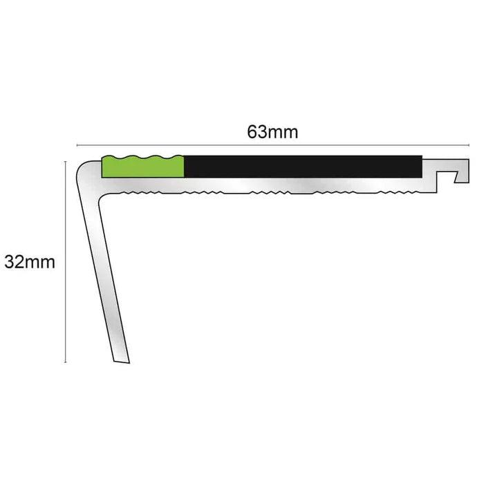 63 x 32mm Tredsafe Aluminium Stair Nosing – Rakeback Profile with Anti-Slip Grip and Glow Strip