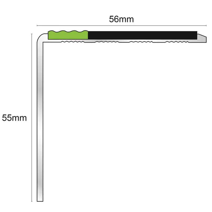 Tredsafe 56 × 55mm Aluminium Stair Nosing – Slimline Edge Trim with Non-Slip PVC Insert & Glow Strip