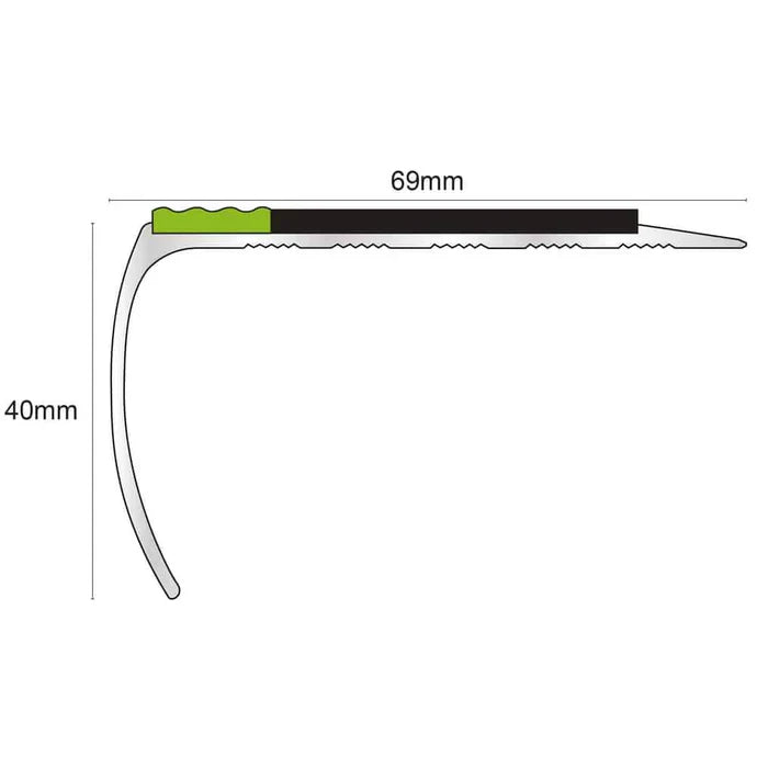 Rounded Bullnose Aluminium Anti-Slip Stair Nosing with PVC Insert & Aluminator Glow Strip – 69 × 40mm