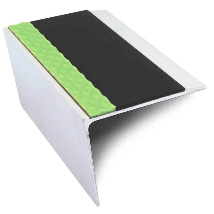 Angled Rakeback Aluminium Stair Nosing with PVC Anti-Slip Insert & Aluminator Glow Strip – 67 × 55mm