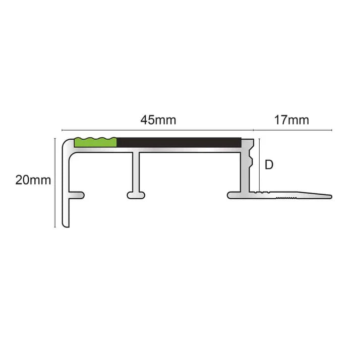 45 × 20mm Tile-In Slimline Aluminium Stair Edge Trim for 10–12.5mm Tiles with Non-Slip Insert