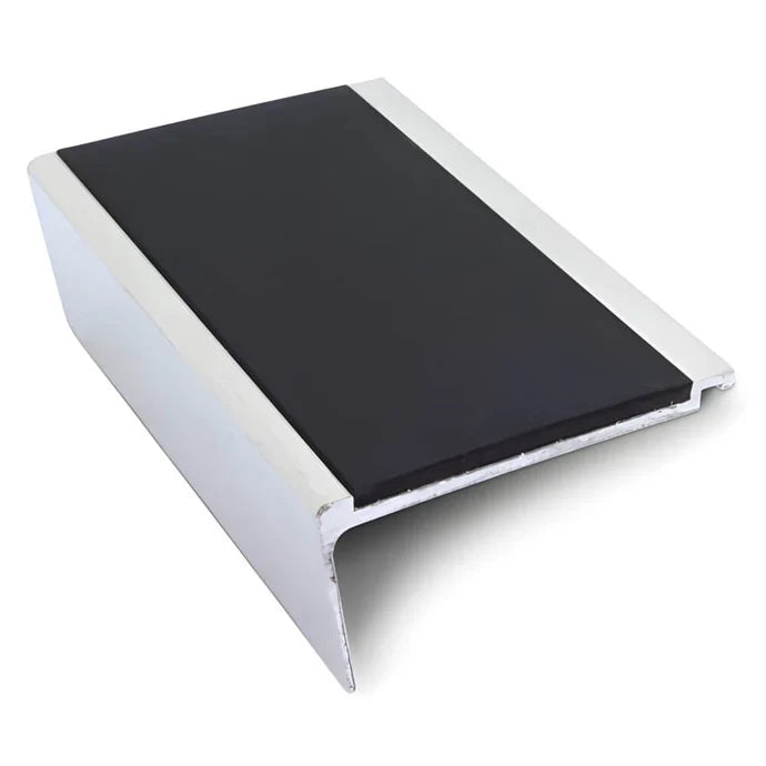 Heavy-Duty Rakeback Aluminium Stair Nosing 63 × 32mm – Grooved Non-Slip PVC Insert Edge Trim