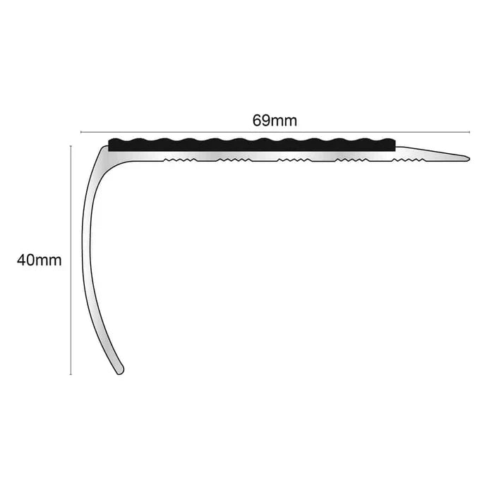 69 x 40mm Bullnose Stair Nosing – Aluminium Non-Slip Trim with Ramped Tread and Tredsafe PVC Insert