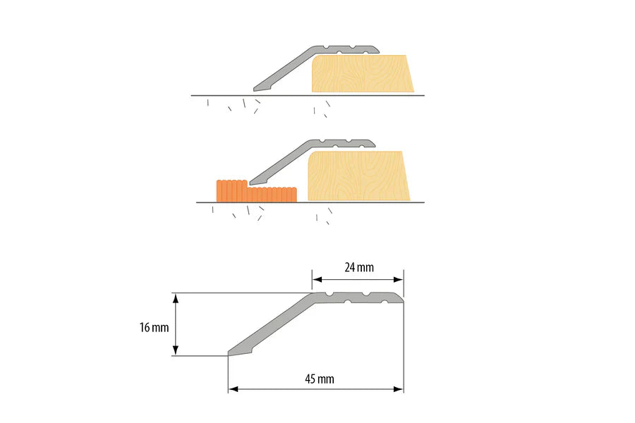 45mm Aluminium Floor Ramp Trim – Anodised Door Threshold Transition Strip – 1m & 2m Lengths – Silver, Gold & Champagne Finish