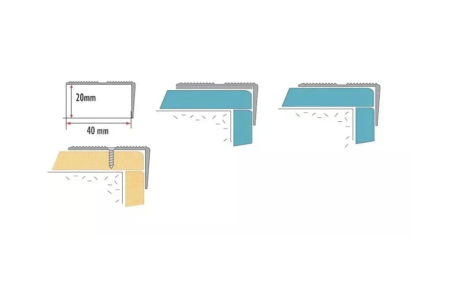 Anodised Aluminium Stair Edge Trim with Grooved Anti-Slip Surface – 40mm x 20mm – Available in 1m and 2m Lengths