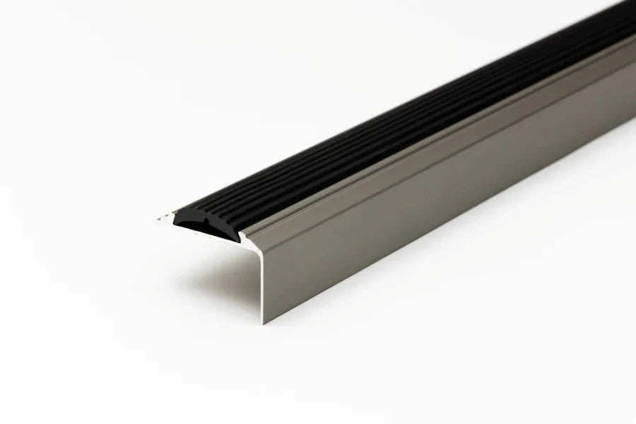 Anodised Aluminium Stair Edge Protector with Anti-Slip Rubber Insert – 46mm x 30mm – Available in 1.2m and 2.4m Lengths – Silver, Titanium & Gold Finish